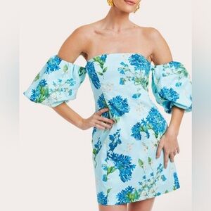 Arlowe Floral Print Stretch Cotton Sateen Puff Sleeve Strapless Mini Dress